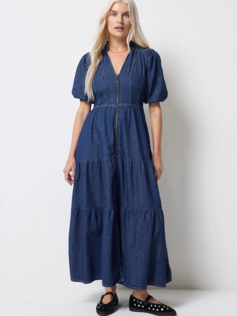 Scamp and Dude authentic indigo zip detail tiered midi denim dress